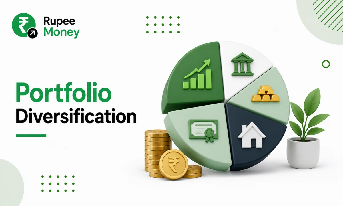Portfolio Diversification infographic illustrating a balanced investment portfolio with stocks, mutual funds, gold, real estate, fixed-income assets, and financial growth, highlighting risk management and long-term wealth creation.