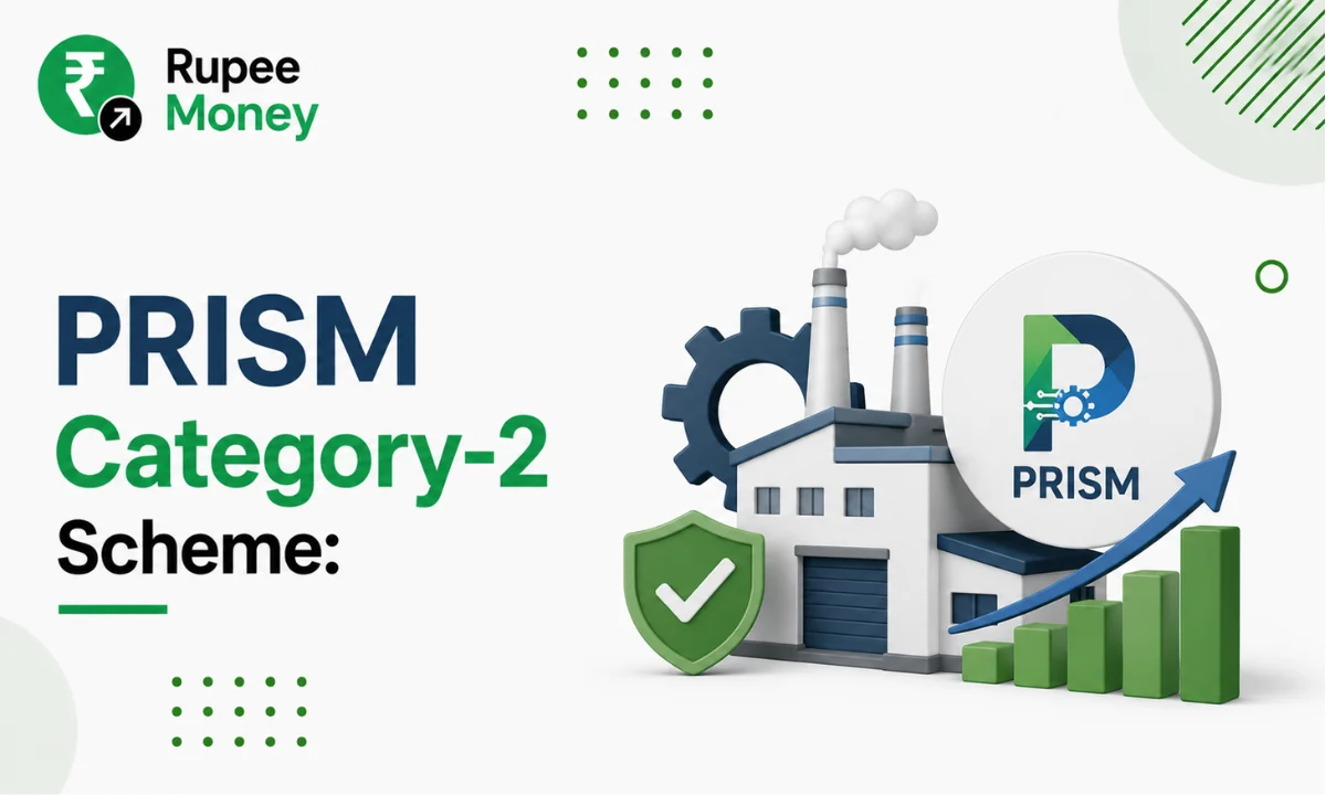 PRISM Category-2 Scheme illustration featuring the RupeeMoney logo, industrial innovation icons, factory, gear, approval shield, and growth chart representing India's PRISM Category-2 Scheme for technology development and MSME innovation.
