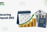Recurring Deposit (RD) illustration featuring a bank, piggy bank, monthly savings calendar, growing coin stacks, and upward growth arrow, representing recurring deposit investments in India.