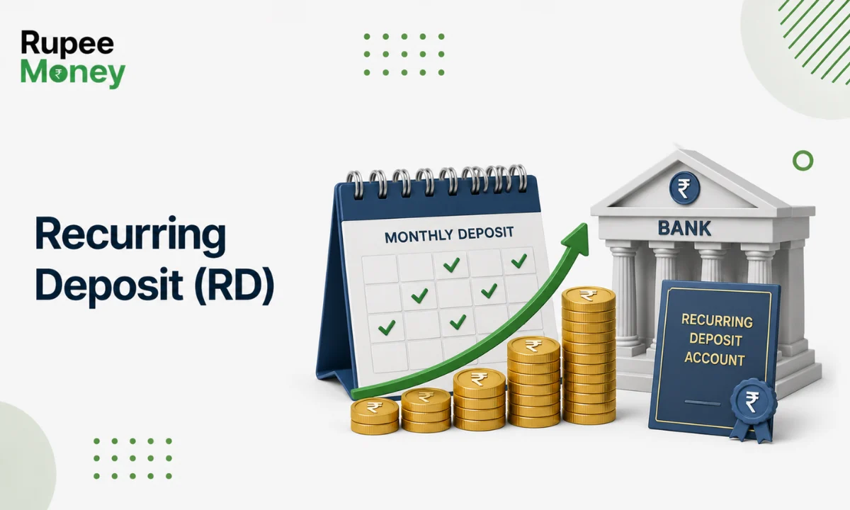 Recurring Deposit (RD) illustration featuring a bank, piggy bank, monthly savings calendar, growing coin stacks, and upward growth arrow, representing recurring deposit investments in India.