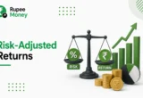 Risk-Adjusted Returns infographic illustrating the balance between investment risk and returns with a weighing scale, financial growth chart, pie chart, and coins, highlighting smart investing and portfolio performance.