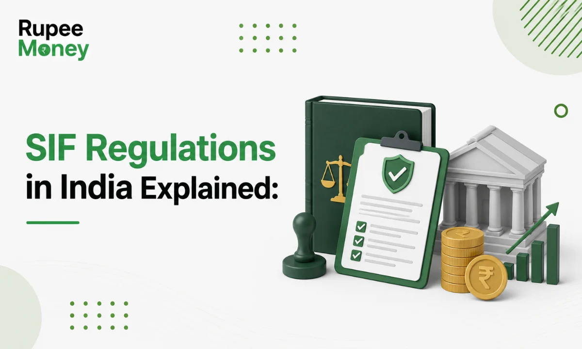 SIF Regulations in India Explained infographic showing regulatory compliance documents, legal framework, financial growth chart, and investment-related icons to illustrate Specialized Investment Fund (SIF) regulations, SEBI guidelines, and investment compliance in India.