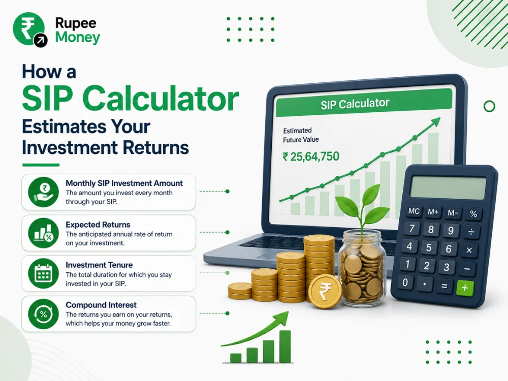 Infographic explaining how a SIP calculator estimates investment returns using monthly SIP investment amount, expected rate of return, investment tenure, and compound interest, with illustrations of a calculator, growth chart, laptop, coins, and the RupeeMoney logo.