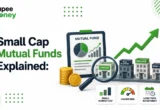 Small Cap Mutual Funds explained illustration featuring emerging businesses, startup companies, mutual fund portfolio, magnifying glass, rupee coins, growth chart, and risk indicator, representing high-growth equity investments in India.