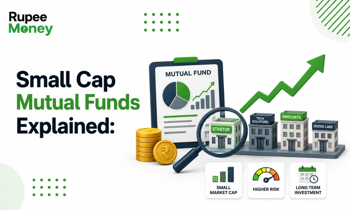 Small Cap Mutual Funds explained illustration featuring emerging businesses, startup companies, mutual fund portfolio, magnifying glass, rupee coins, growth chart, and risk indicator, representing high-growth equity investments in India.