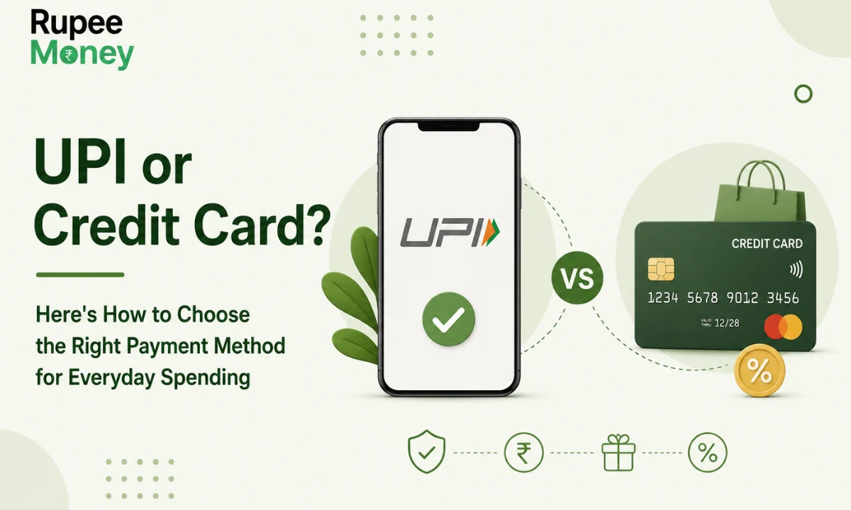 UPI or Credit Card comparison illustration featuring a smartphone with UPI payment, credit card, cashback percentage icon, shopping bag, security shield, and the RupeeMoney logo, helping users choose the best payment method for everyday spending in India.