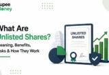 What Are Unlisted Shares illustration featuring an unlisted share certificate, business growth chart, corporate buildings, investment pie chart, security shield, and the RupeeMoney logo, explaining the meaning, benefits, risks, and working of unlisted shares in India.