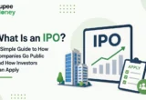 What Is an IPO illustration featuring corporate office buildings, IPO stock market board, application checklist, growth chart, investor icon, and the RupeeMoney logo, explaining how companies go public and how investors can apply for an Initial Public Offering in India.
