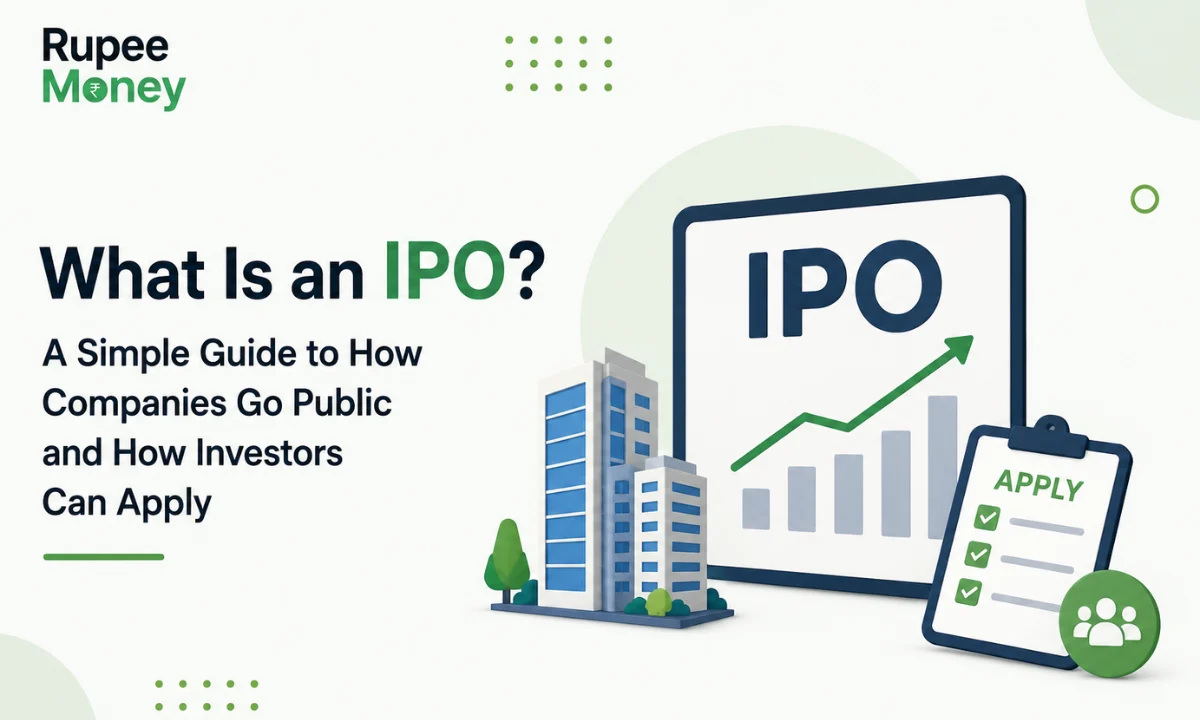 What Is an IPO illustration featuring corporate office buildings, IPO stock market board, application checklist, growth chart, investor icon, and the RupeeMoney logo, explaining how companies go public and how investors can apply for an Initial Public Offering in India.