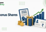 Bonus Shares illustration showing share certificate, gift box, stock market growth chart, rupee coins, and shareholder document, explaining bonus share issuance for investors in India.