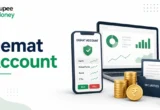 Illustration of a Demat account showing digital investment holdings, stock market dashboard, securities folder, smartphone, laptop, and rupee coins, explaining how a Demat account securely stores shares and other financial securities in electronic form.