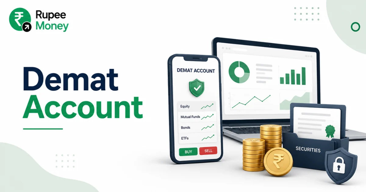 Illustration of a Demat account showing digital investment holdings, stock market dashboard, securities folder, smartphone, laptop, and rupee coins, explaining how a Demat account securely stores shares and other financial securities in electronic form.