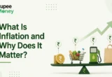What Is Inflation and Why Does It Matter illustration featuring rupee coins, grocery shopping cart, fuel pump, shopping bag, rising price indicators, and an upward trend arrow, explaining the impact of inflation on everyday expenses in India.