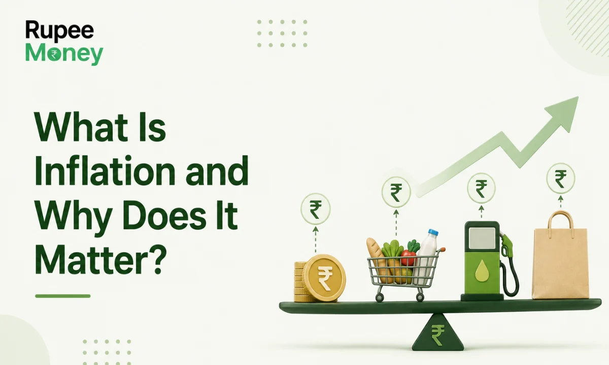 What Is Inflation and Why Does It Matter illustration featuring rupee coins, grocery shopping cart, fuel pump, shopping bag, rising price indicators, and an upward trend arrow, explaining the impact of inflation on everyday expenses in India.