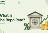 What Is the Repo Rate illustration featuring the Reserve Bank of India (RBI) building, percentage symbol, rupee coins, and an upward financial trend arrow, explaining how the repo rate influences interest rates and the Indian economy.