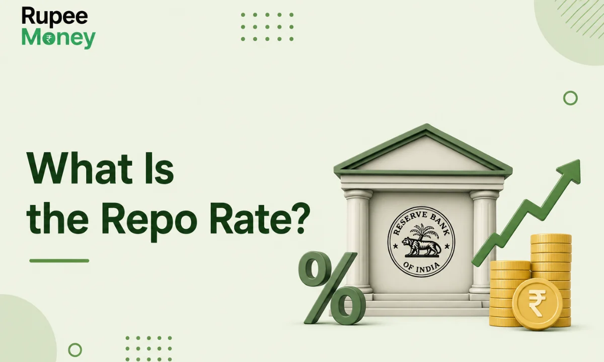 What Is the Repo Rate illustration featuring the Reserve Bank of India (RBI) building, percentage symbol, rupee coins, and an upward financial trend arrow, explaining how the repo rate influences interest rates and the Indian economy.