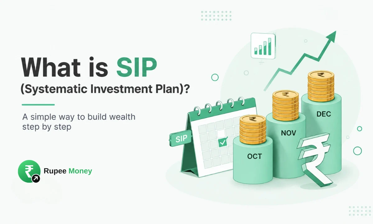 What is SIP (Systematic Investment Plan) illustration showing monthly SIP investments, growing coin stacks, investment calendar, upward financial growth chart, and rupee symbol, explaining systematic investing in India.