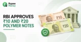 RBI approves ₹10 and ₹20 polymer notes banner featuring polymer currency notes, Reserve Bank of India imagery, security icon, and Rupee Money branding.