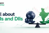 Illustration comparing Foreign Institutional Investors (FIIs) and Domestic Institutional Investors (DIIs) using global and Indian investment symbols, stock market charts, growth indicators, and financial assets to explain institutional investing.