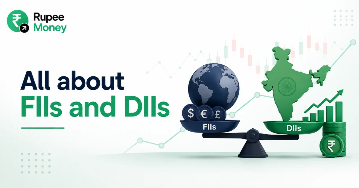 Illustration comparing Foreign Institutional Investors (FIIs) and Domestic Institutional Investors (DIIs) using global and Indian investment symbols, stock market charts, growth indicators, and financial assets to explain institutional investing.