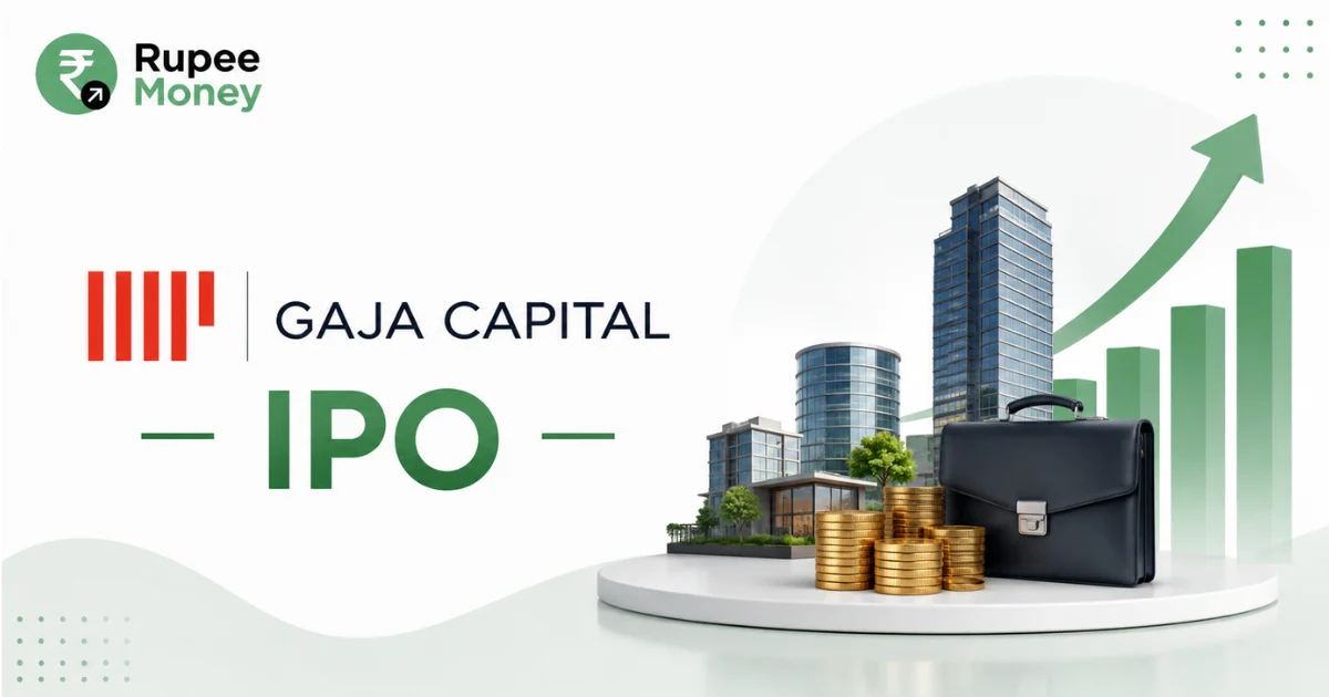 Gaja Alternative Asset Management IPO banner featuring the Gaja Capital logo, rising investment chart, global finance elements, real estate, and growth arrow.