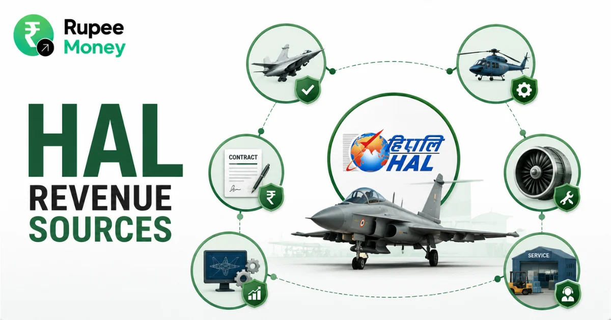 HAL Revenue Sources banner featuring fighter aircraft, helicopters, aircraft engines, engineering services, maintenance, contracts, and aerospace business activities.
