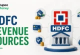 HDFC Revenue Sources banner featuring a bank building, financial service icons, growth chart, rupee symbols, and banking illustrations representing the major sources of HDFC's revenue.