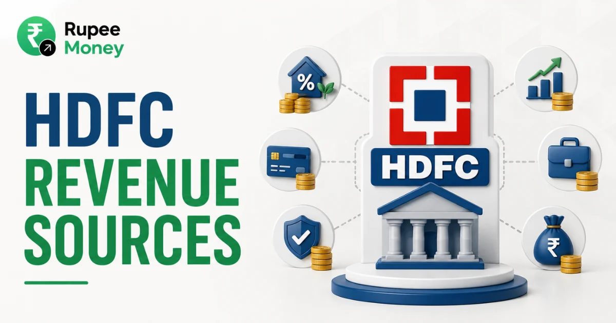 HDFC Revenue Sources banner featuring a bank building, financial service icons, growth chart, rupee symbols, and banking illustrations representing the major sources of HDFC's revenue.