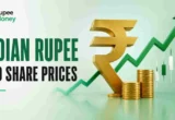 Professional infographic illustrating the relationship between the Indian rupee and share prices, featuring a rupee symbol, stock market chart, growth arrow, and investment visuals representing the impact of currency movements on the Indian stock market.