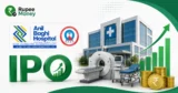 ABH Healthcare IPO banner featuring Anil Baghi Hospital, NABH accreditation, modern hospital facilities, medical equipment, IPO symbol, rupee coins, and a rising financial chart.