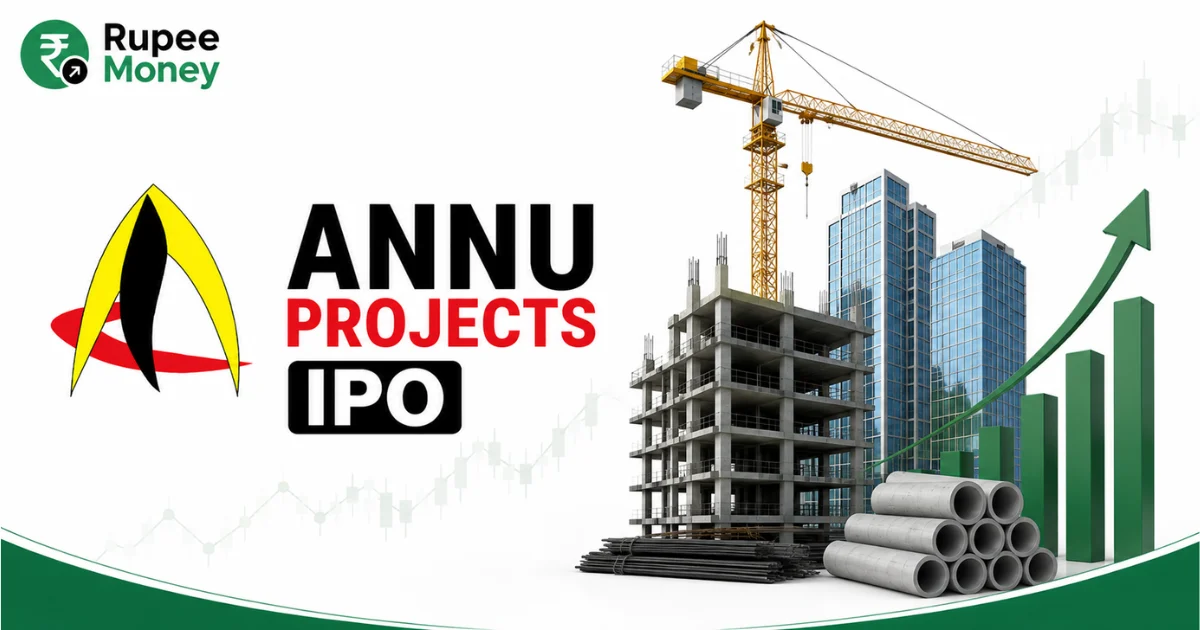 Annu Projects IPO banner featuring the Annu Projects logo, construction site, tower crane, commercial buildings, infrastructure materials, IPO symbol, rising market chart, and Rupee Money branding.