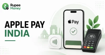 Apple Pay India banner featuring a smartphone with Apple Pay, contactless payment terminal, digital wallet cards, and secure tap-to-pay technology.