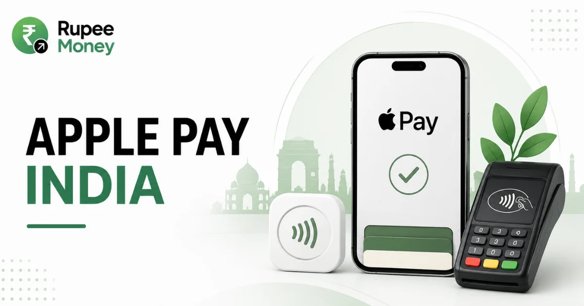 Apple Pay India banner featuring a smartphone with Apple Pay, contactless payment terminal, digital wallet cards, and secure tap-to-pay technology.