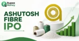 Ashutosh Fibre IPO banner featuring the Ashutosh Fibre logo, textile yarn spools, fibre materials, rising financial chart, rupee investment elements, and Rupee Money branding.