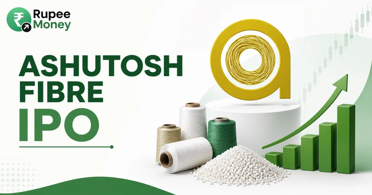 Ashutosh Fibre IPO banner featuring the Ashutosh Fibre logo, textile yarn spools, fibre materials, rising financial chart, rupee investment elements, and Rupee Money branding.