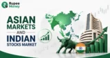 Asian Markets and Indian Stock Market banner featuring an Asia map, market charts, Indian stock market building, rising bars, Indian flag symbol, and Rupee Money branding.