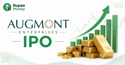 Augmont Enterprises IPO banner featuring the Augmont logo, gold bars, gold coins, rising green market chart, upward growth arrow, and Rupee Money branding.
