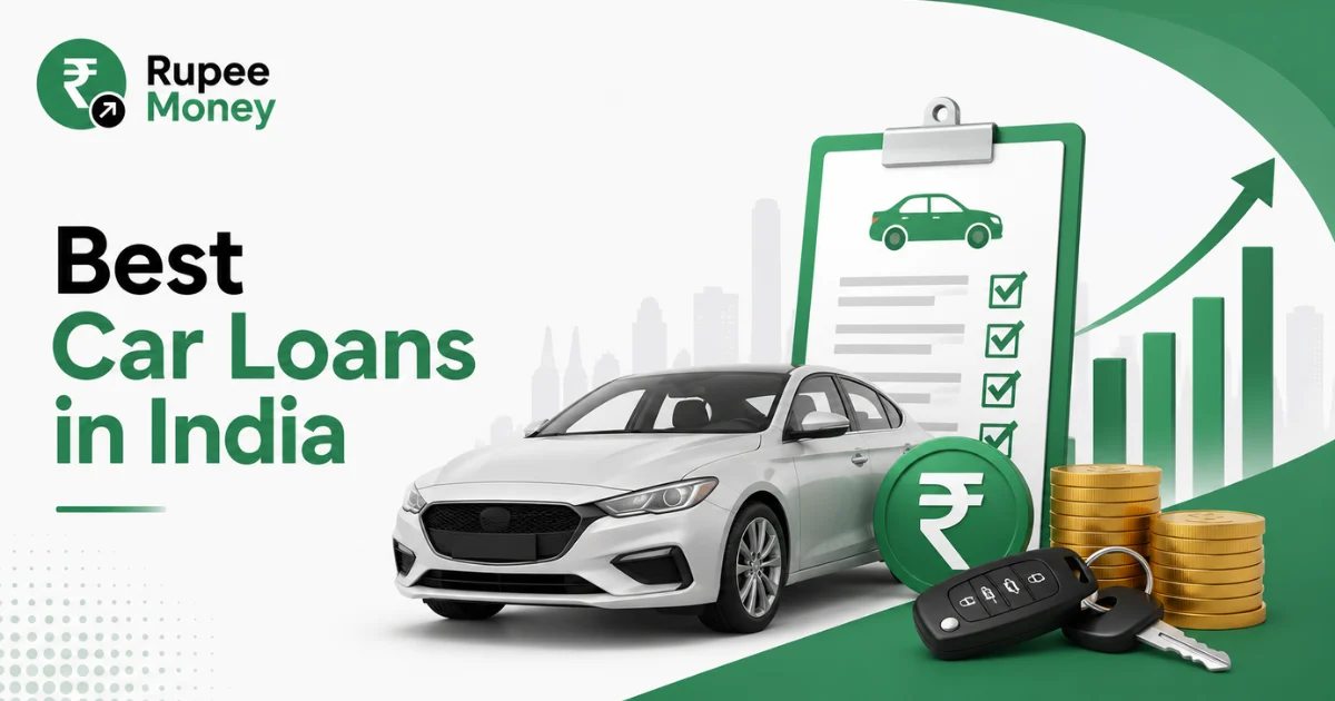 Best Car Loans in India banner featuring a modern car, car loan approval document, rupee symbol, car keys, loan checklist, gold coins, and Rupee Money branding.
