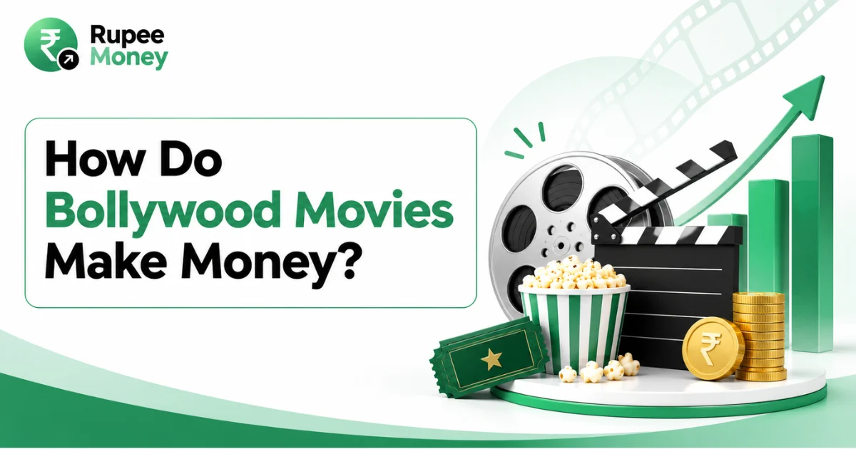 How Do Bollywood Movies Make Money banner featuring a film reel, movie clapperboard, cinema ticket, popcorn, rupee money bag, coins, revenue chart, and Rupee Money branding.