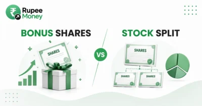 Bonus Shares vs Stock Split infographic comparing bonus shares and stock splits with share certificates, divided shares, investment charts, and Rupee Money branding.