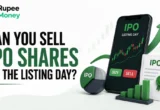 Can You Sell IPO Shares on the Listing Day banner featuring an IPO listing chart, smartphone trading screen, buy and sell buttons, rising stock bars, and IPO documents.