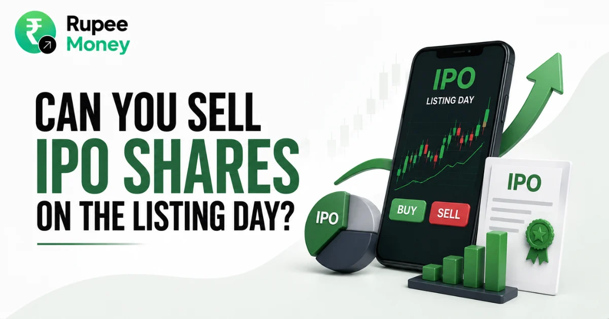 Can You Sell IPO Shares on the Listing Day banner featuring an IPO listing chart, smartphone trading screen, buy and sell buttons, rising stock bars, and IPO documents.