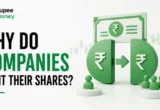 Why Do Companies Split Their Shares banner featuring a 3D stock split illustration, rupee share certificate, investor icons, and stock market chart explaining the concept of a share split.