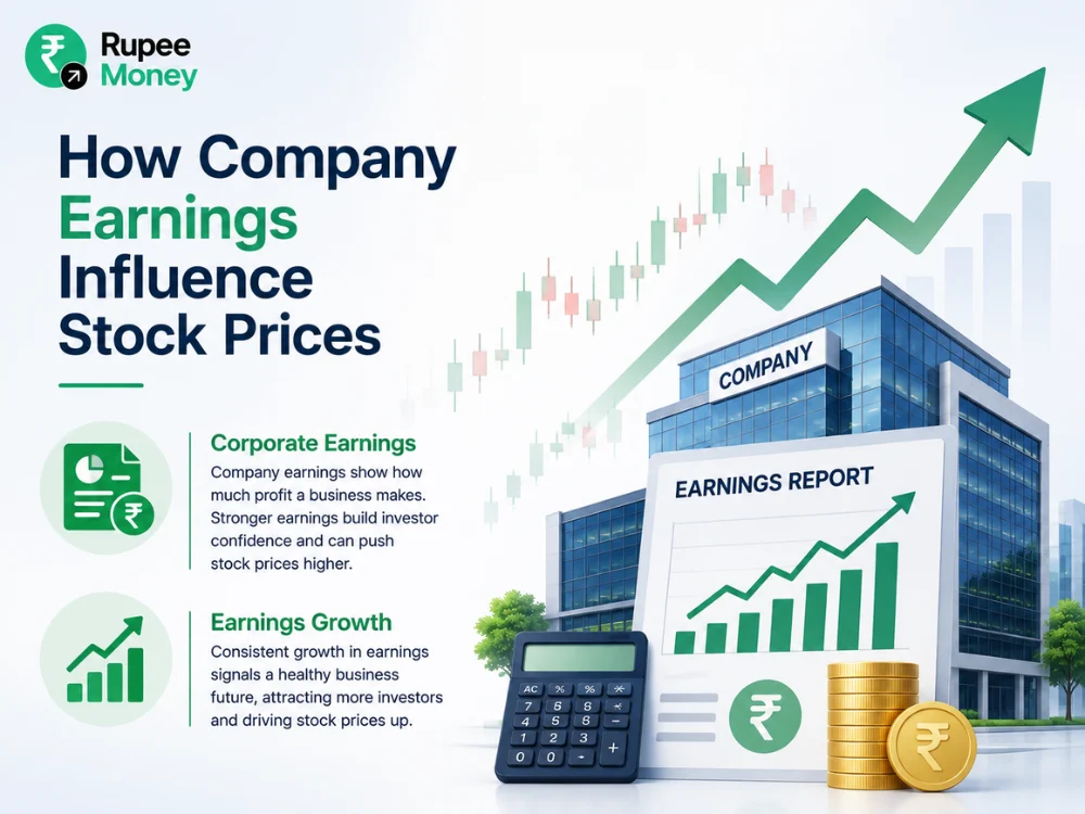 Illustration explaining how corporate earnings and earnings growth influence stock prices, featuring financial reports, business performance charts, company buildings, rising graphs, and investment symbols.