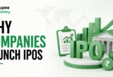 Why Companies Launch IPOs banner featuring a 3D IPO symbol, stock market growth chart, corporate building, rupee coins, and financial report illustrating the reasons businesses go public.