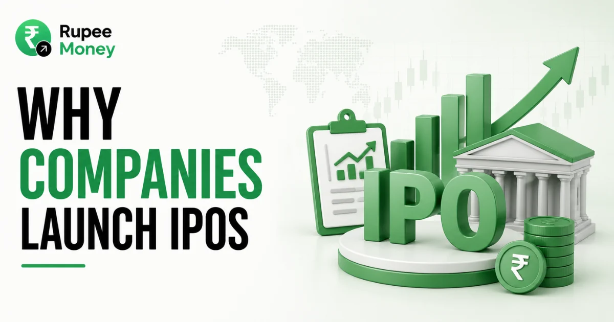 Why Companies Launch IPOs banner featuring a 3D IPO symbol, stock market growth chart, corporate building, rupee coins, and financial report illustrating the reasons businesses go public.
