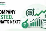 Company Listed What’s Next banner featuring stock market charts, growth indicators, target, investment checklist, rupee symbol, and strategic planning icons.