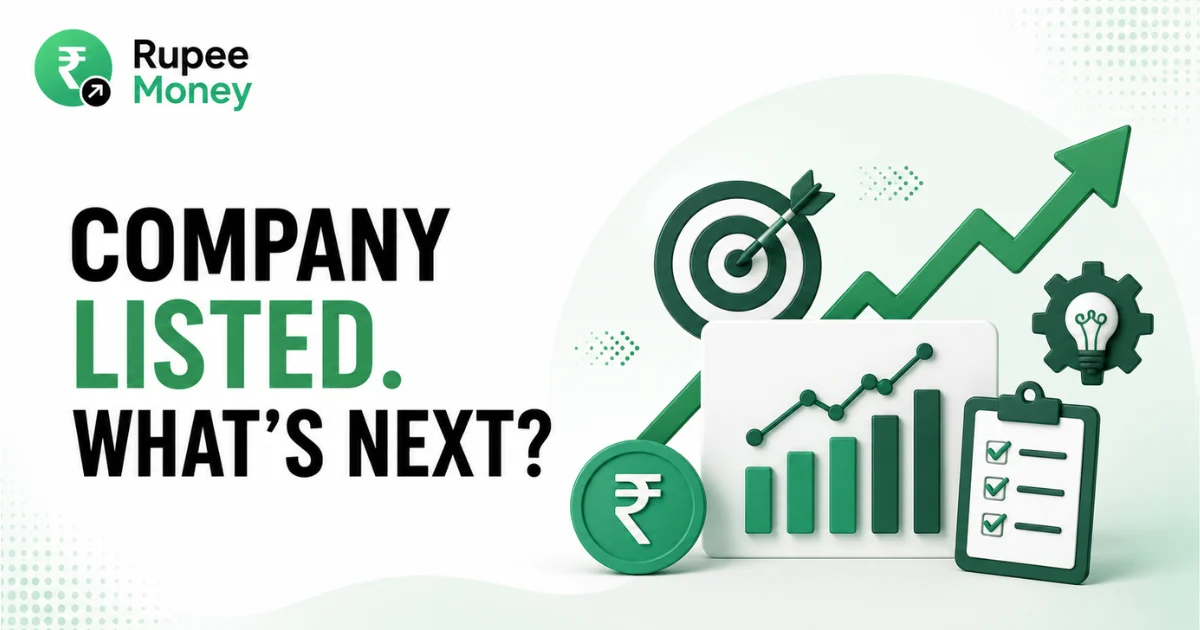 Company Listed What’s Next banner featuring stock market charts, growth indicators, target, investment checklist, rupee symbol, and strategic planning icons.