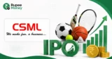 Complete Sports & Management India IPO banner featuring the CSML logo, cricket bat, football, basketball, tennis racket, badminton shuttlecock, IPO symbol, rupee coins, and rising financial chart.