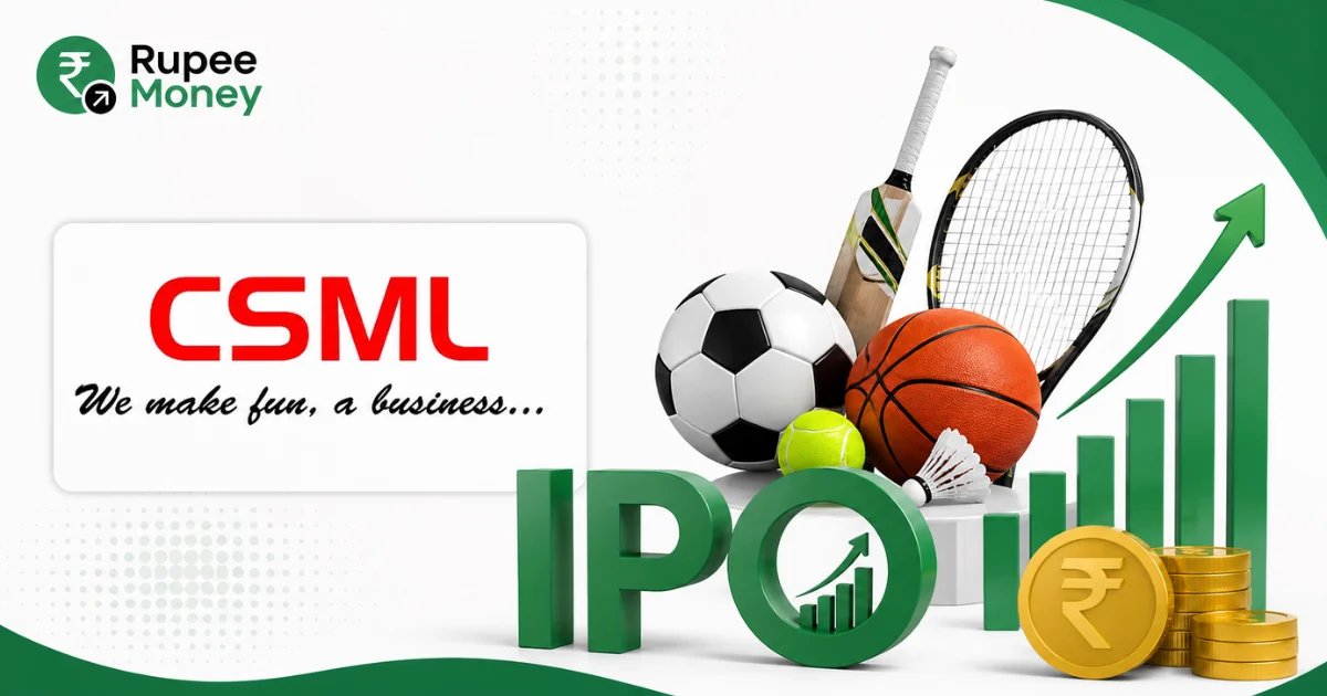 Complete Sports & Management India IPO banner featuring the CSML logo, cricket bat, football, basketball, tennis racket, badminton shuttlecock, IPO symbol, rupee coins, and rising financial chart.
